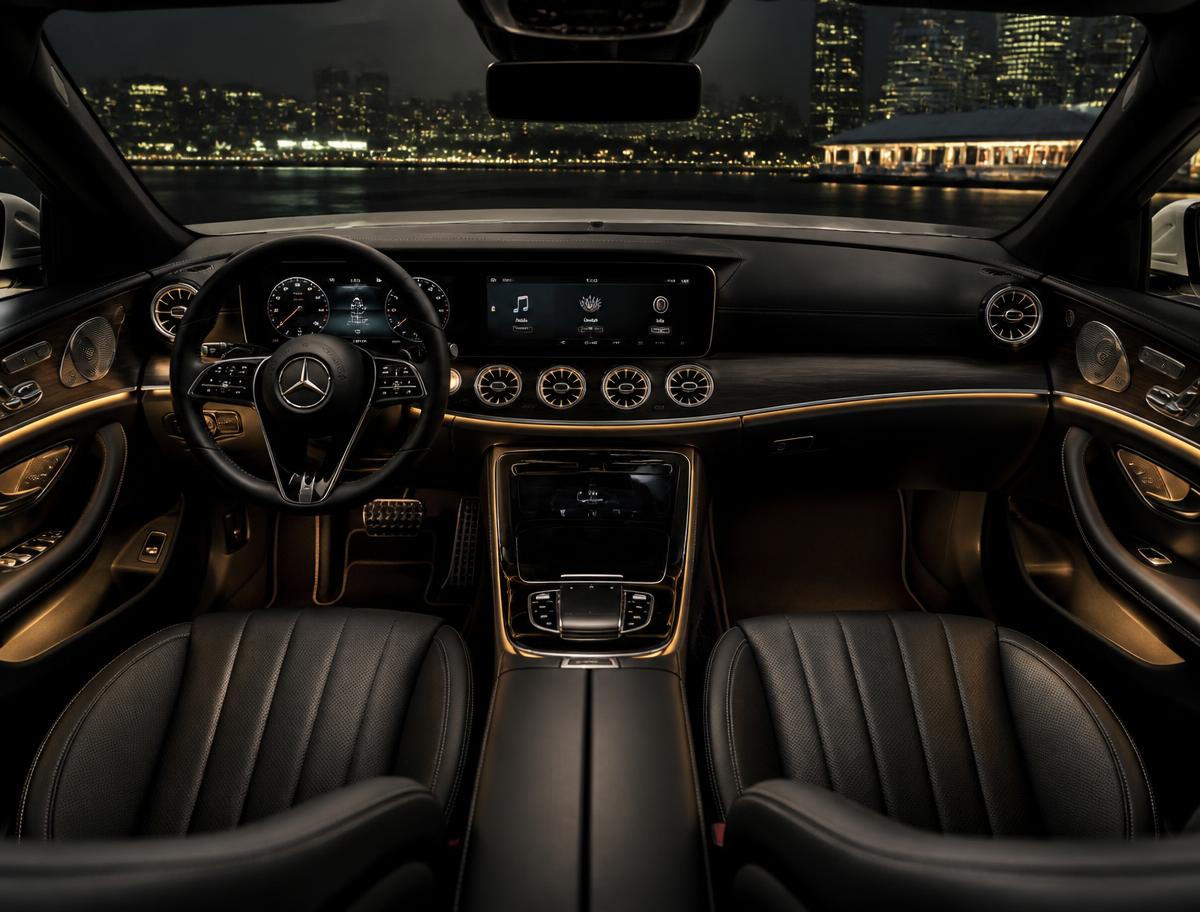 Immaculately detailed black leather car interior